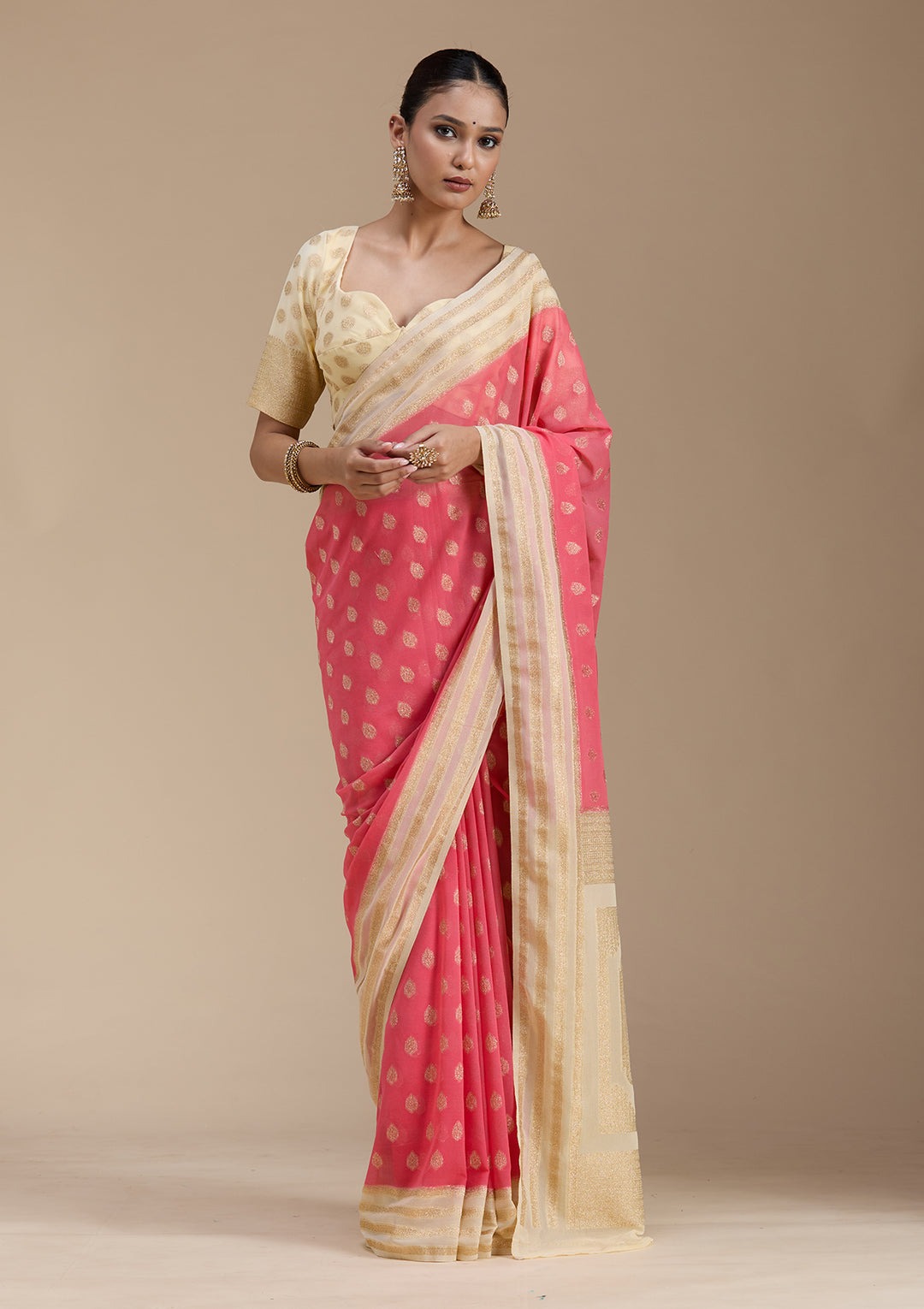 Peach Zariwork (Gold) Georgette Silk_Saree