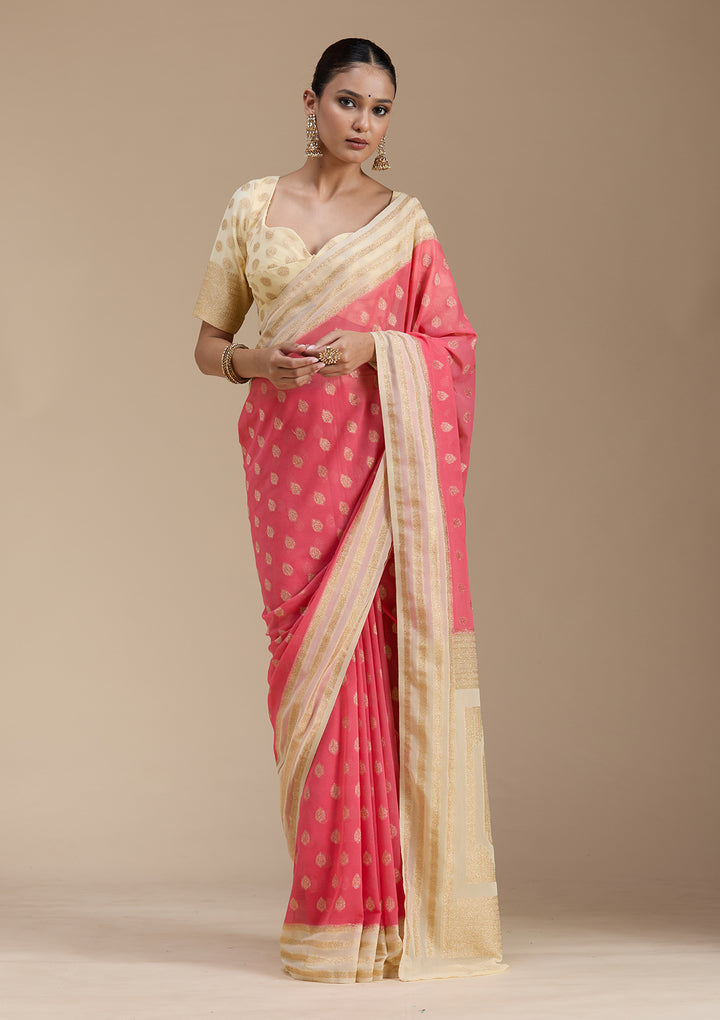Peach Zariwork (Gold) Georgette Silk_Saree