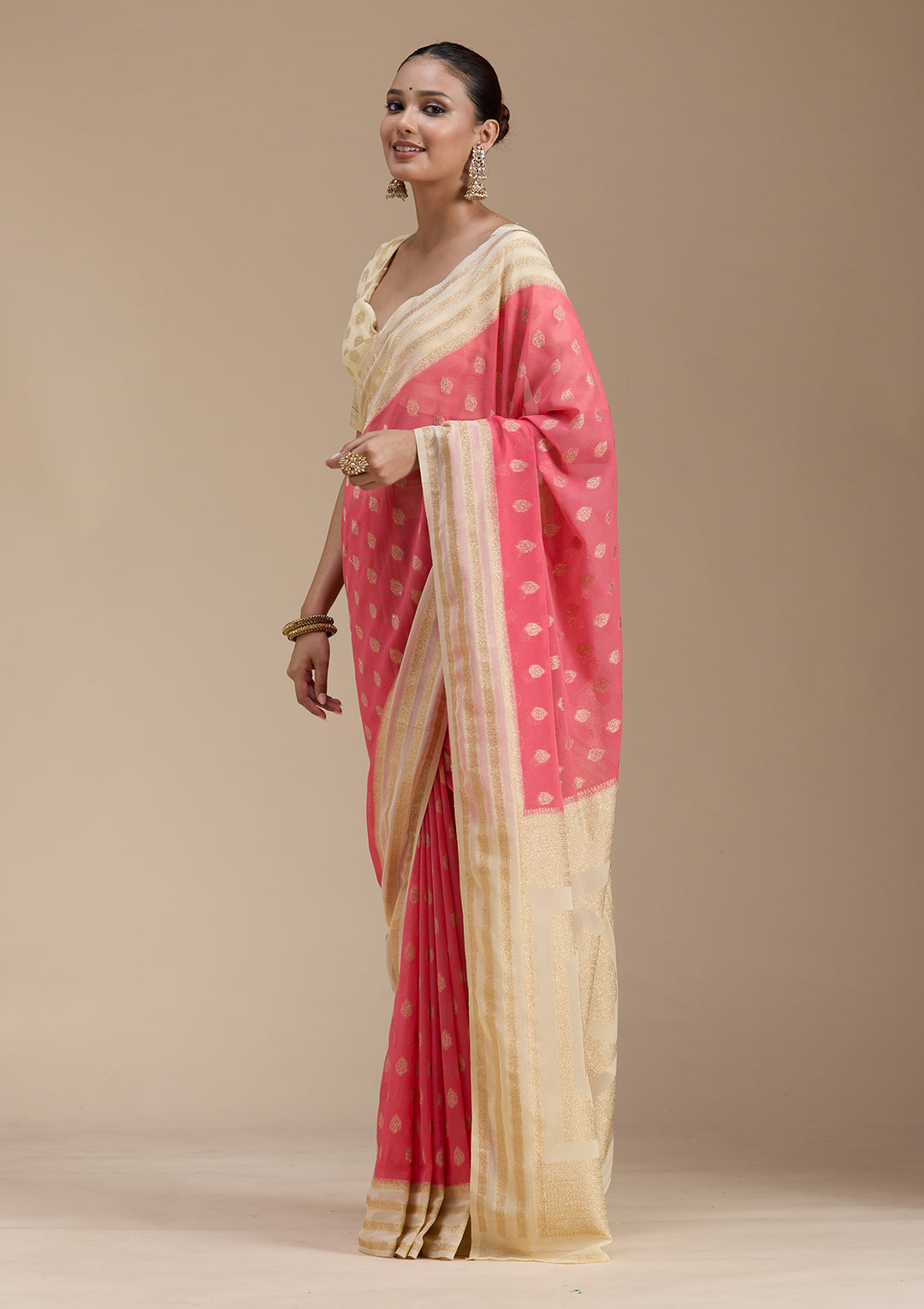 Peach Zariwork (Gold) Georgette Silk_Saree