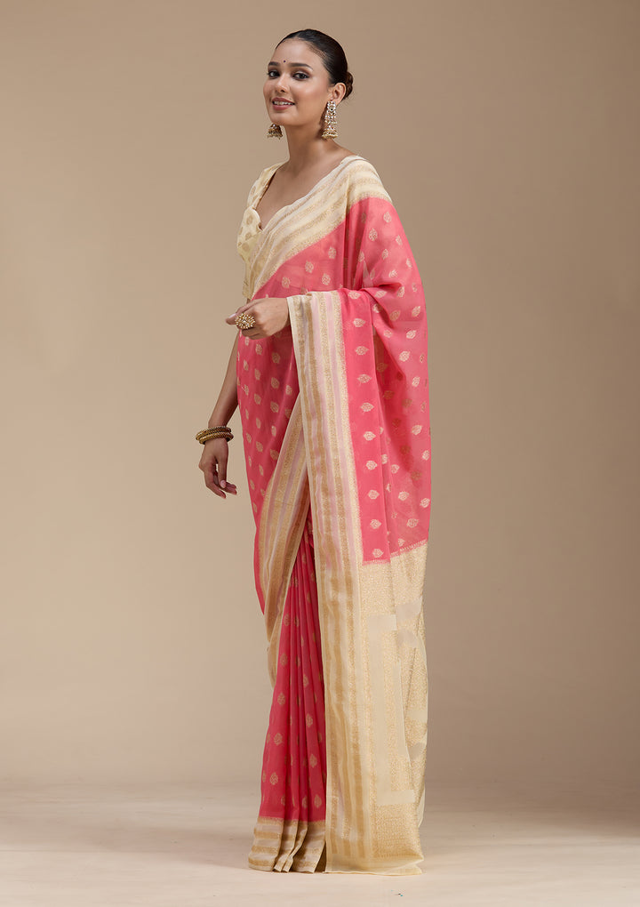 Peach Zariwork (Gold) Georgette Silk_Saree