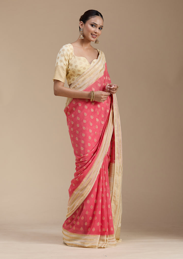 Peach Zariwork (Gold) Georgette Silk_Saree