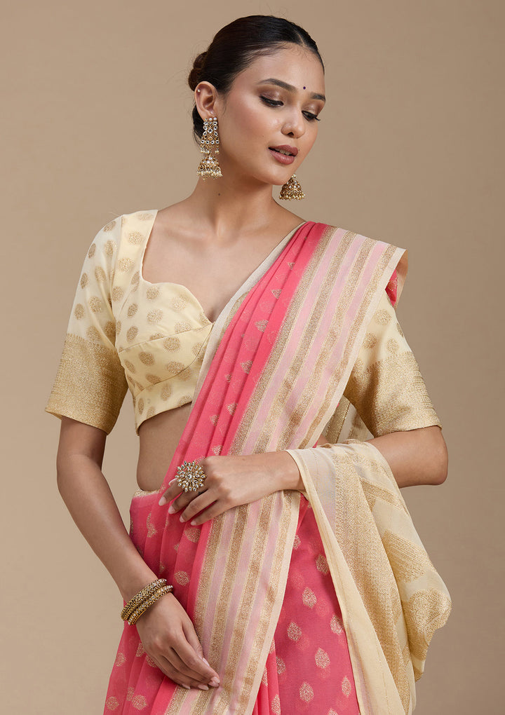 Peach Zariwork (Gold) Georgette Silk_Saree