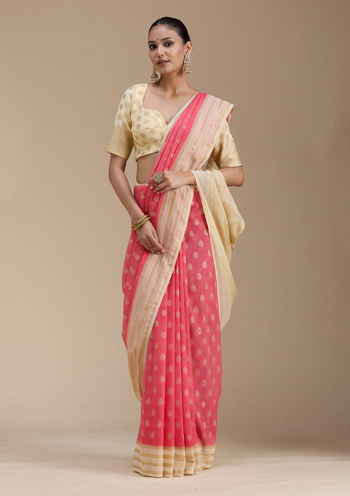 Peach Zariwork (Gold) Georgette Silk_Saree