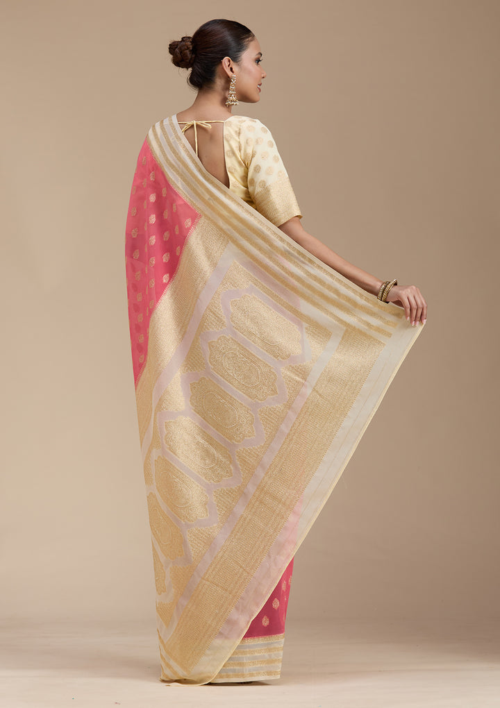 Peach Zariwork (Gold) Georgette Silk_Saree