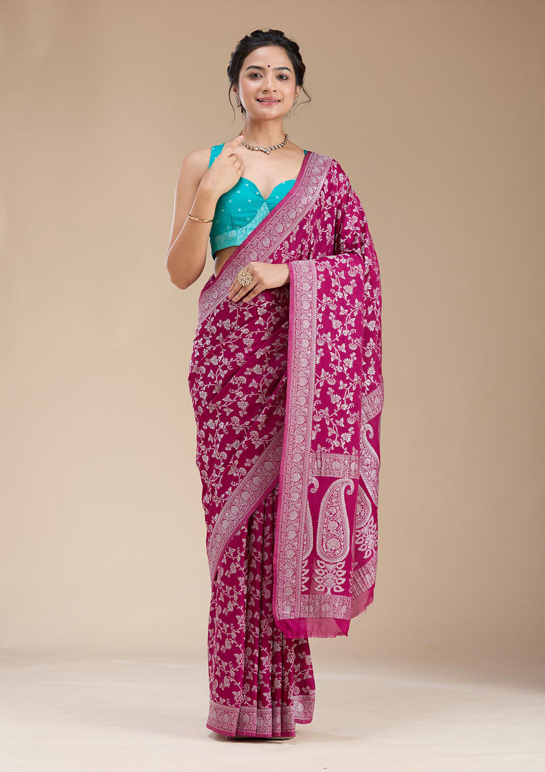 Wine Zariwork (Gold) Georgette Silk Saree