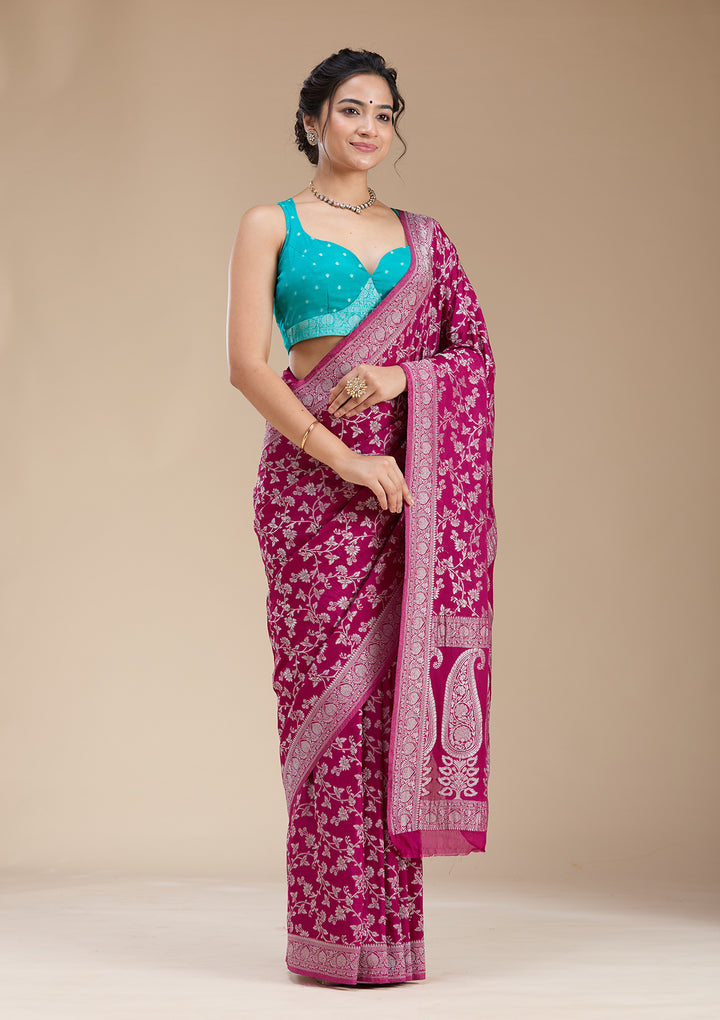 Wine Zariwork (Gold) Georgette Silk Saree