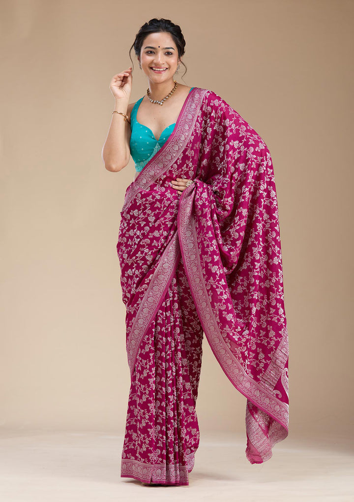 Wine Zariwork (Gold) Georgette Silk Saree
