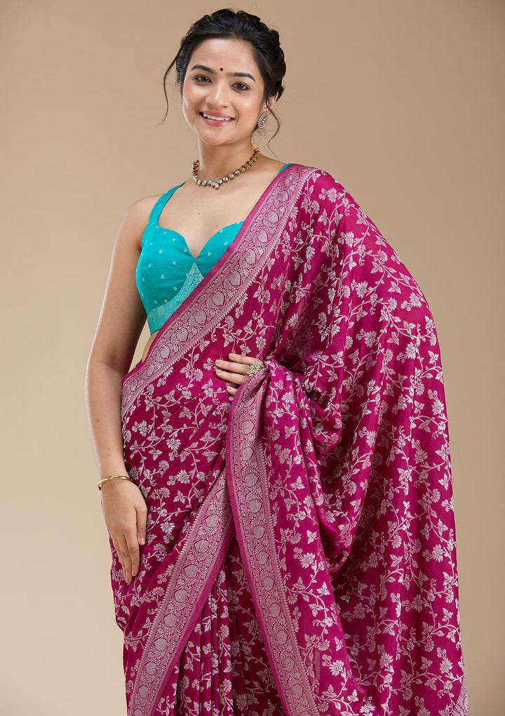 Wine Zariwork (Gold) Georgette Silk Saree