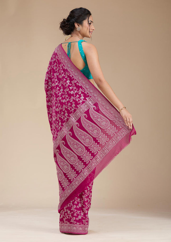 Wine Zariwork (Gold) Georgette Silk Saree