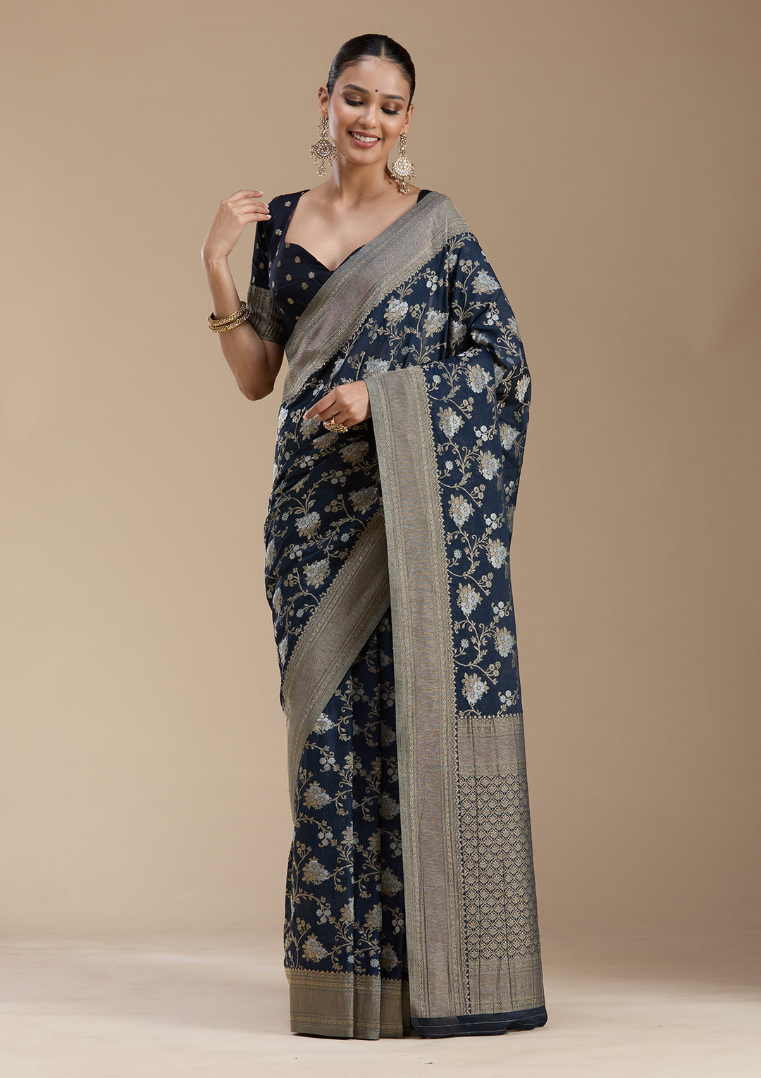 Navy Blue Zariwork (Gold) Georgette Silk_Saree