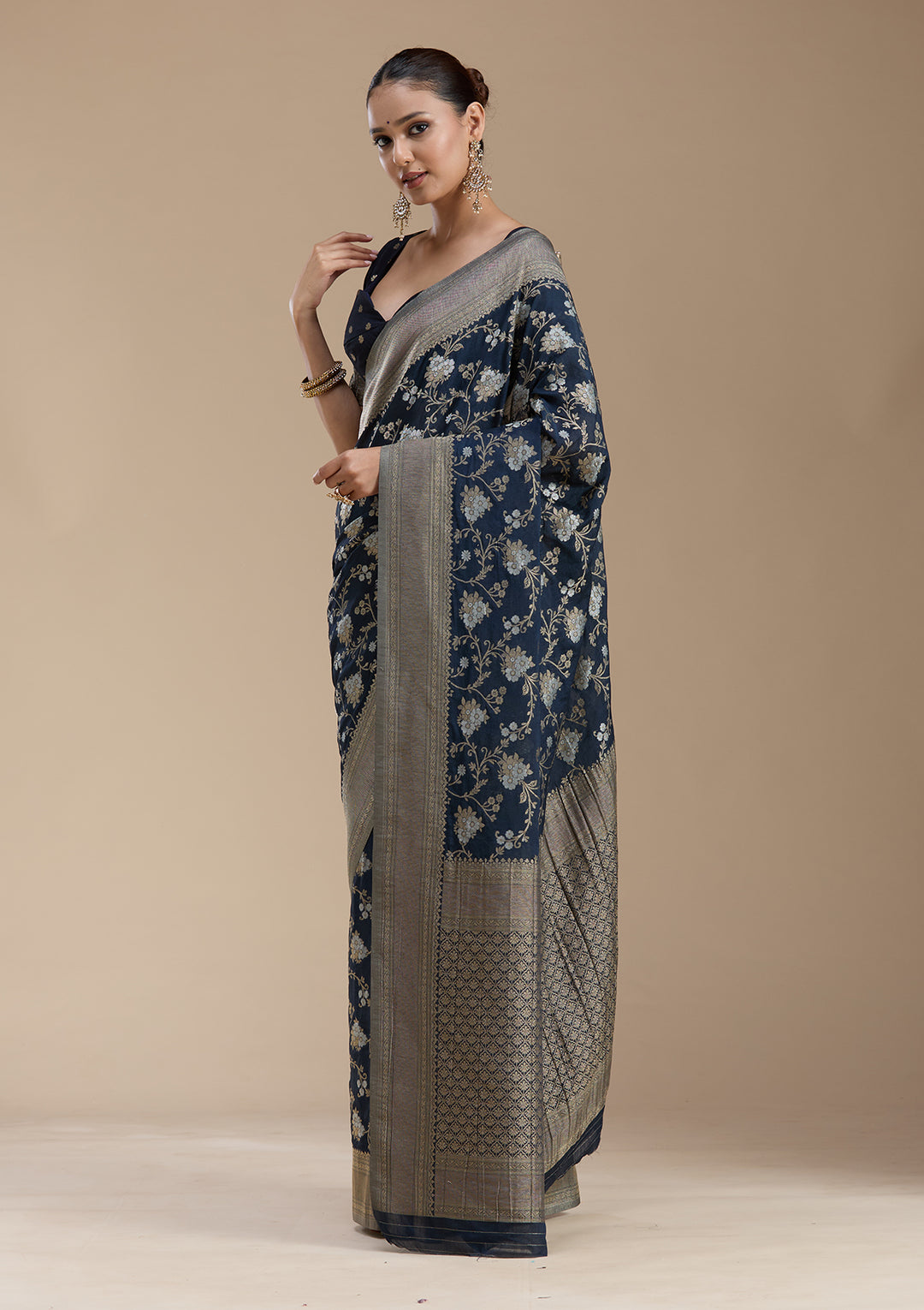 Navy Blue Zariwork (Gold) Georgette Silk_Saree