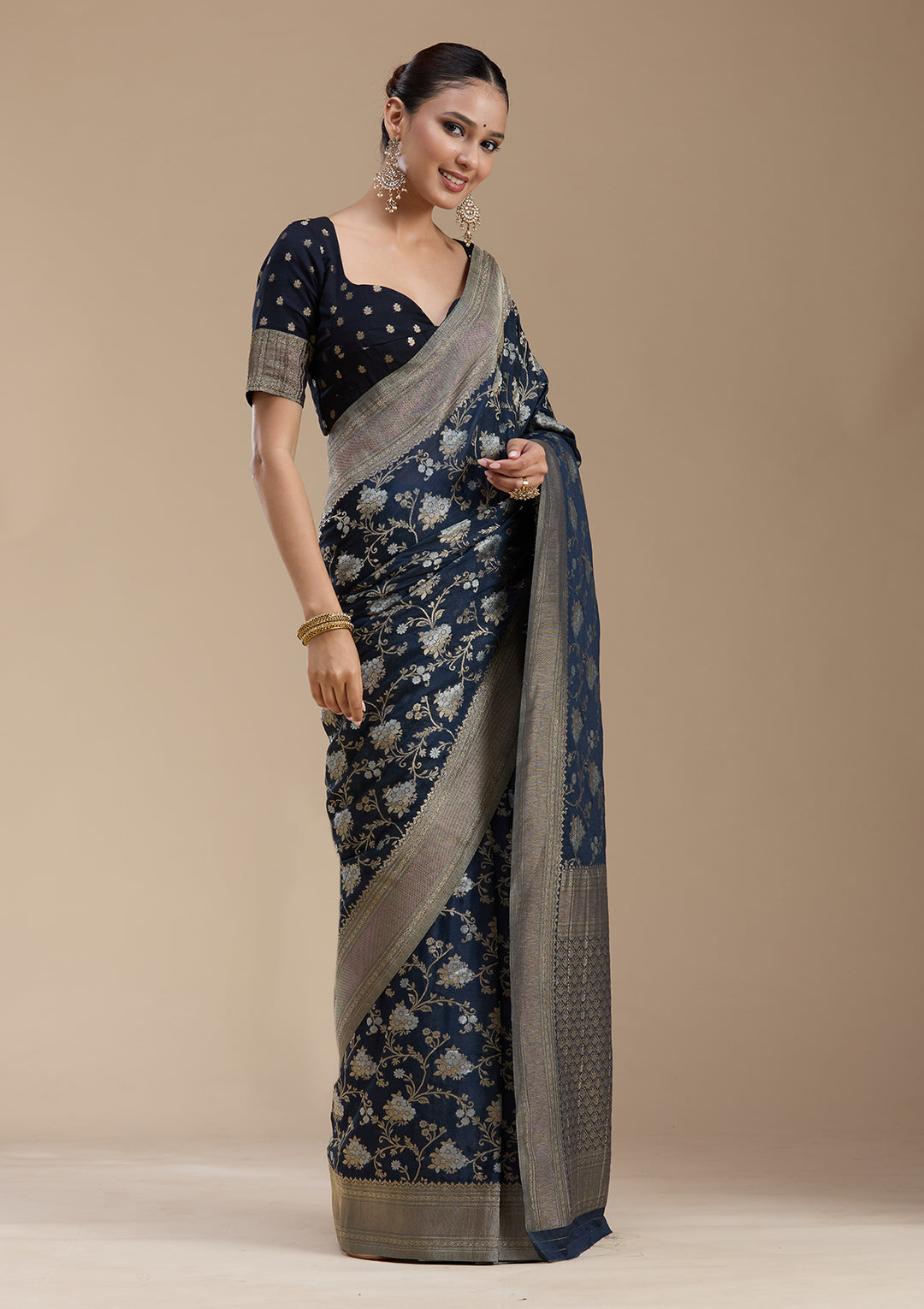 Navy Blue Zariwork (Gold) Georgette Silk_Saree