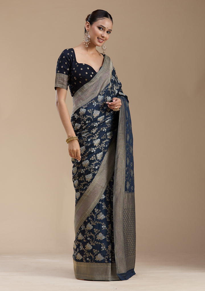 Navy Blue Zariwork (Gold) Georgette Silk_Saree