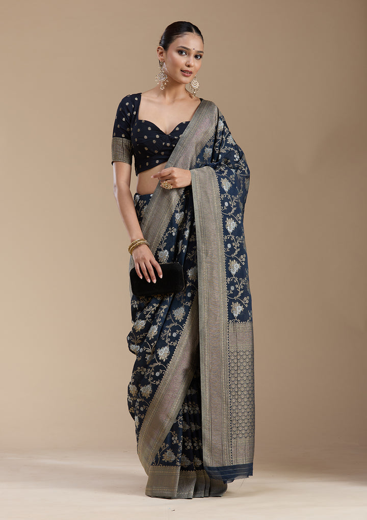 Navy Blue Zariwork (Gold) Georgette Silk_Saree