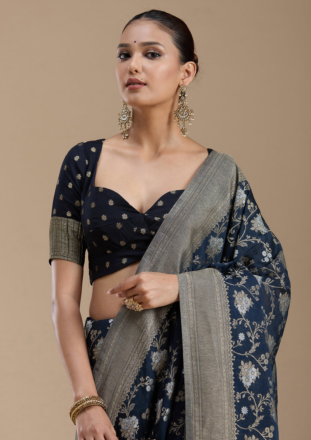 Navy Blue Zariwork (Gold) Georgette Silk_Saree