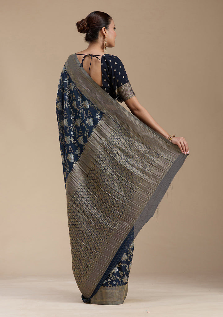 Navy Blue Zariwork (Gold) Georgette Silk_Saree