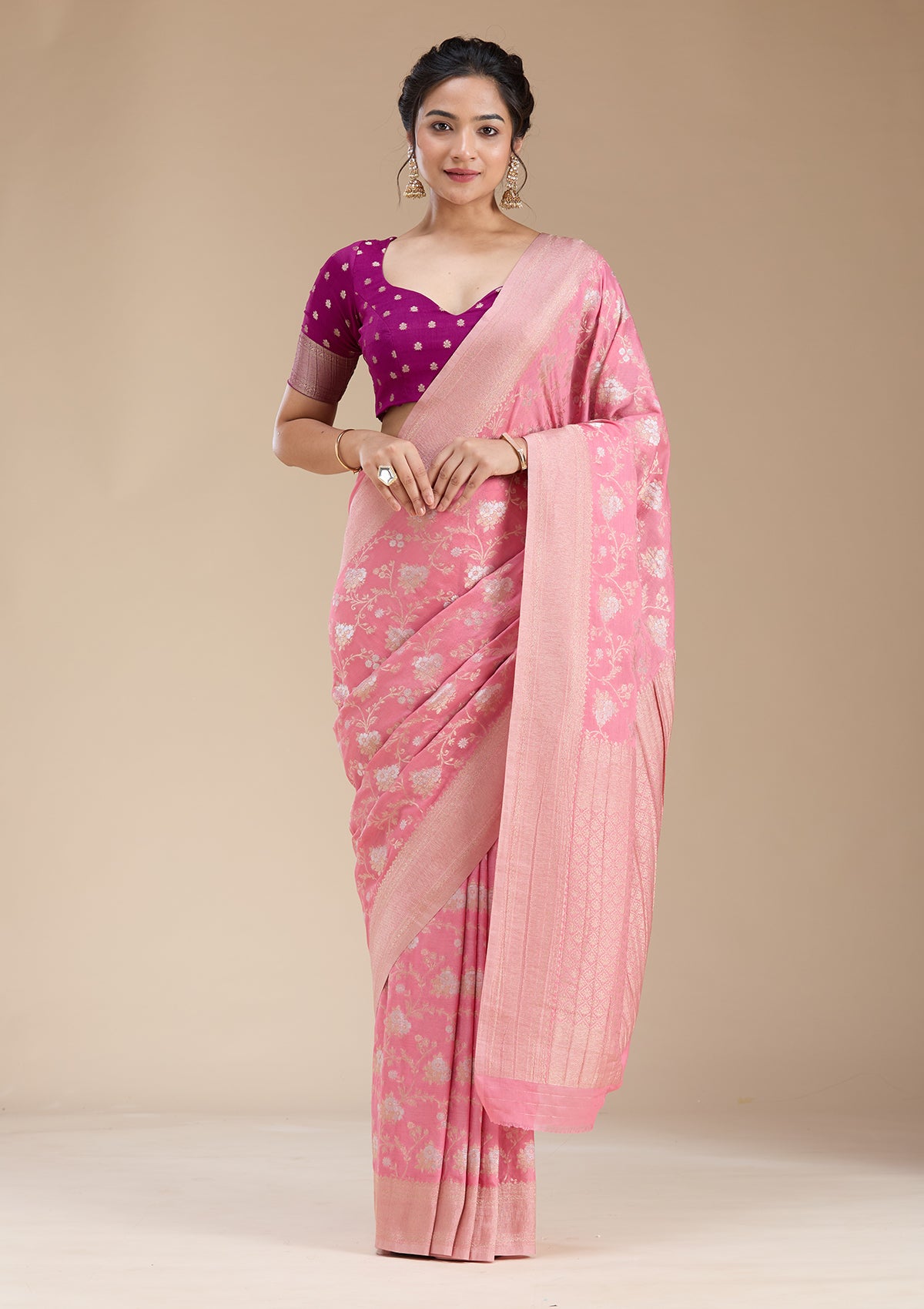 Buy Pink Zariwork (Gold) Georgette Silk_Saree - Koskii