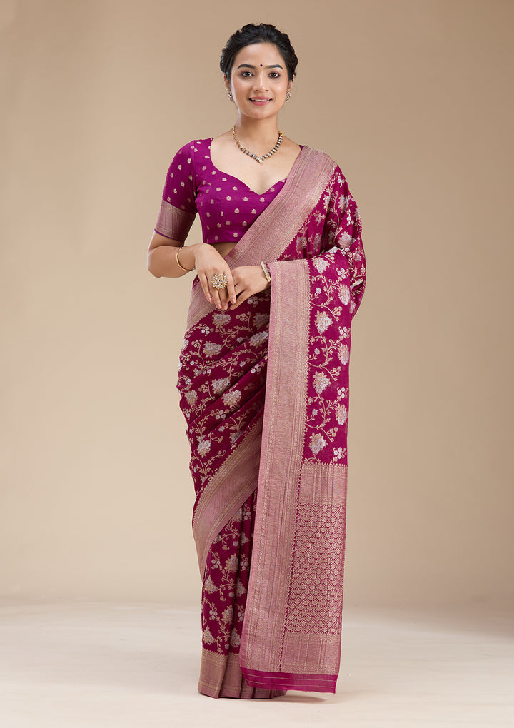 Wine Zariwork (Gold) Georgette Silk Saree