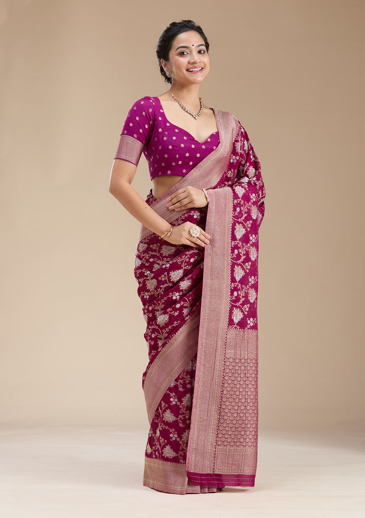 Wine Zariwork (Gold) Georgette Silk Saree