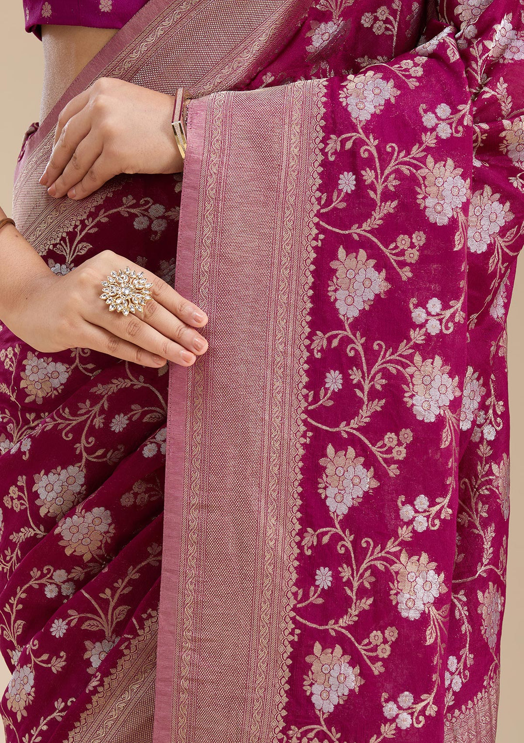 Wine Zariwork (Gold) Georgette Silk Saree