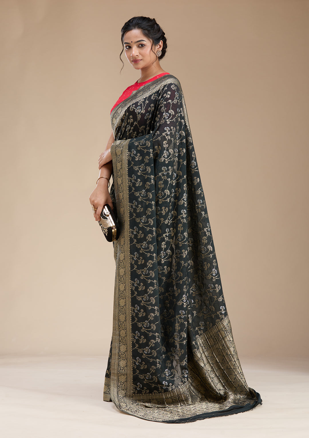 Black Zariwork (Gold) Georgette Silk Saree