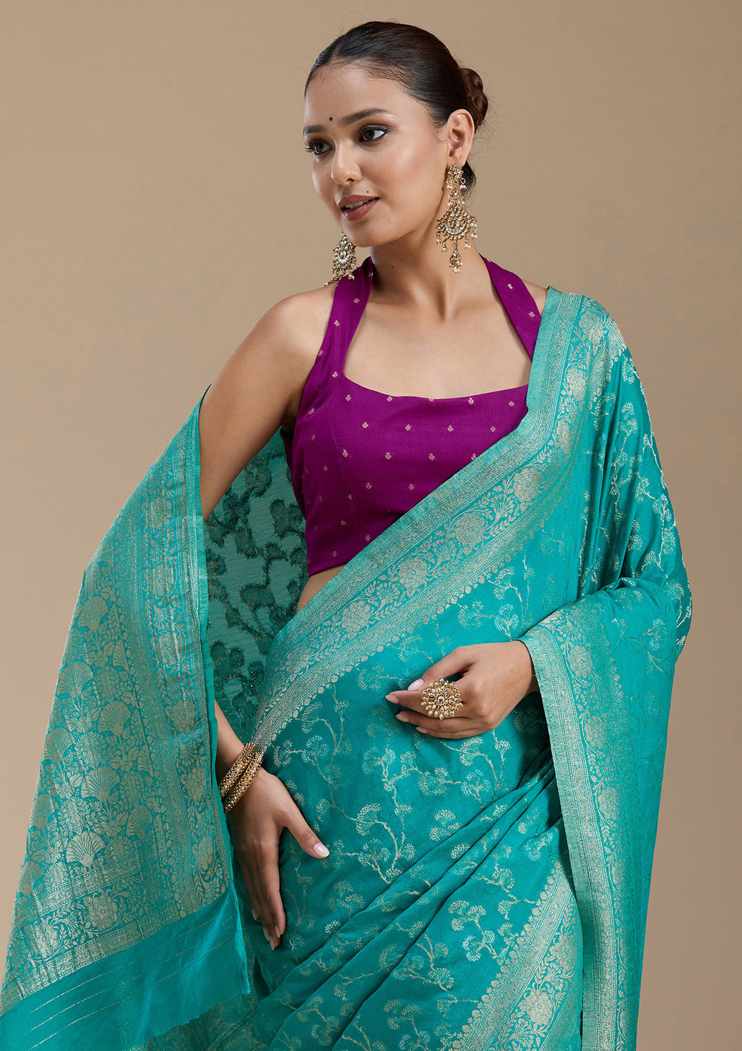 Rama Green Zariwork (Gold) Georgette Silk_Saree
