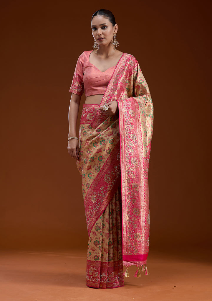 Beige Stonework Silk Silk_Saree
