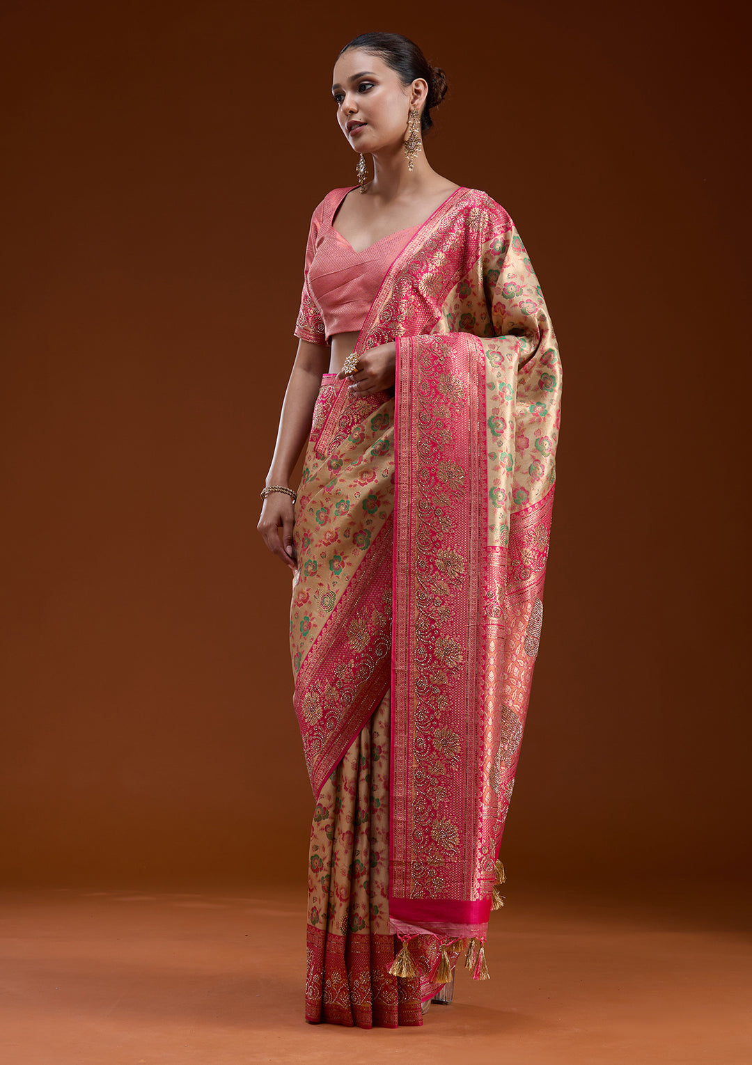 Beige Stonework Silk Silk_Saree