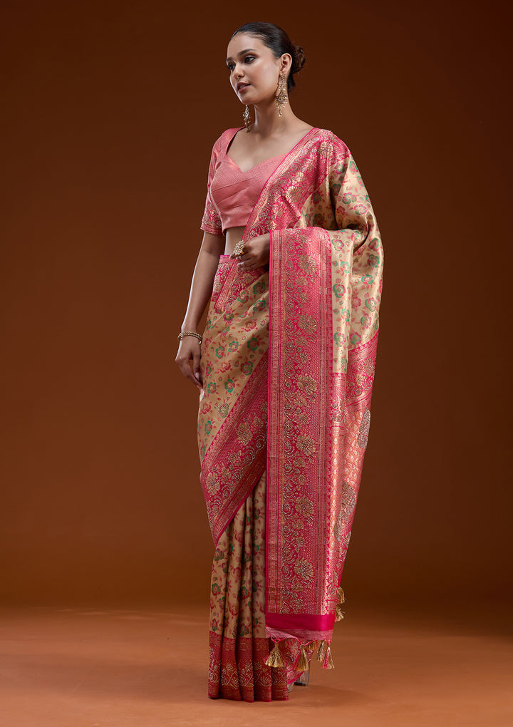 Beige Stonework Silk Silk_Saree
