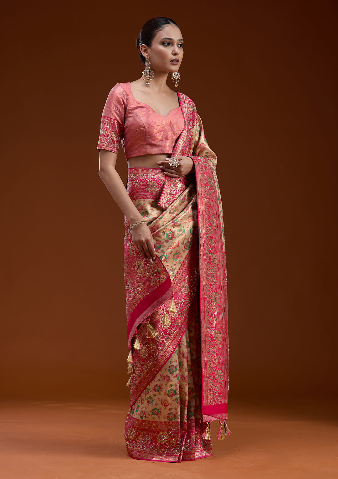 Beige Stonework Silk Silk_Saree
