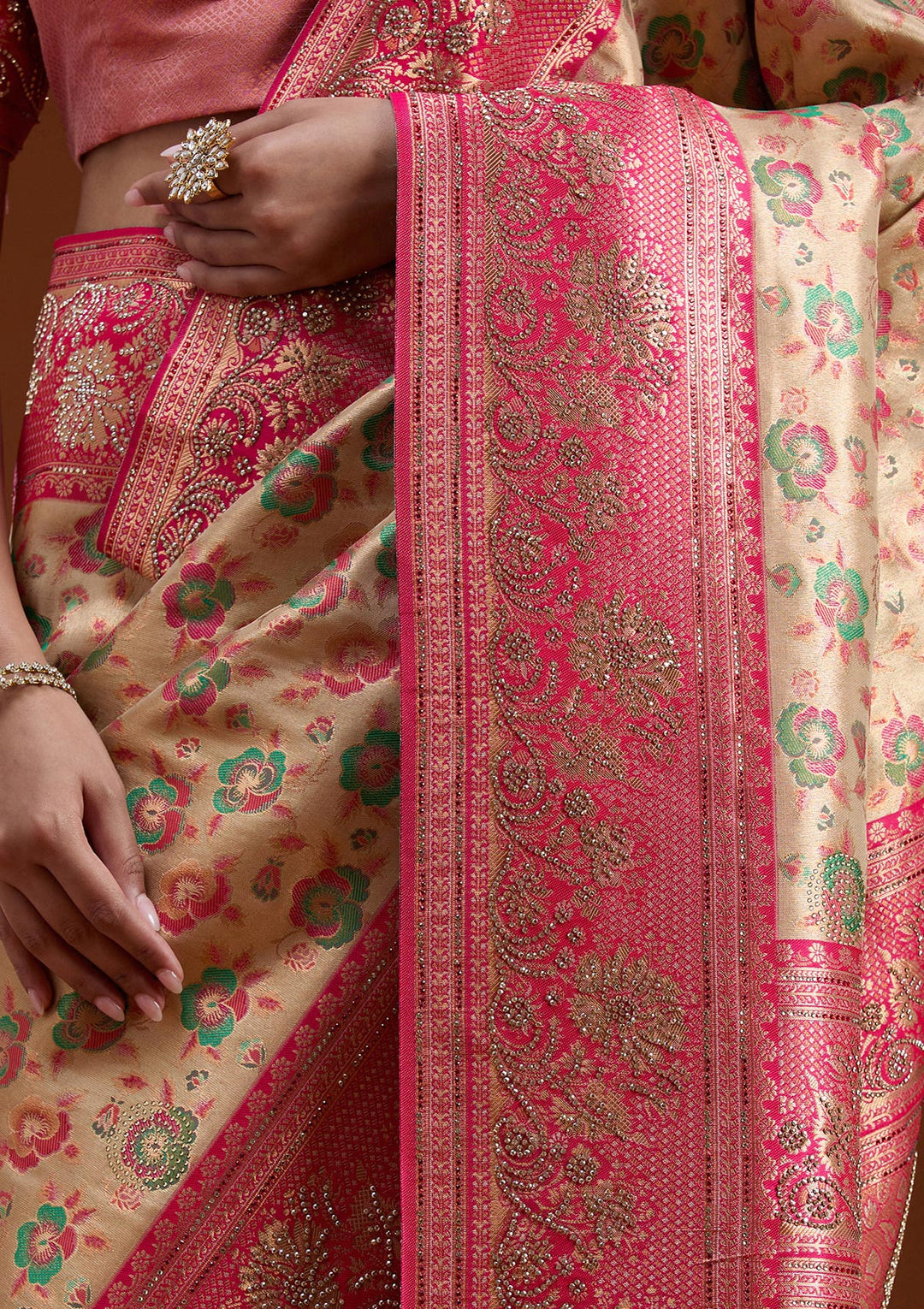 Beige Stonework Silk Silk_Saree
