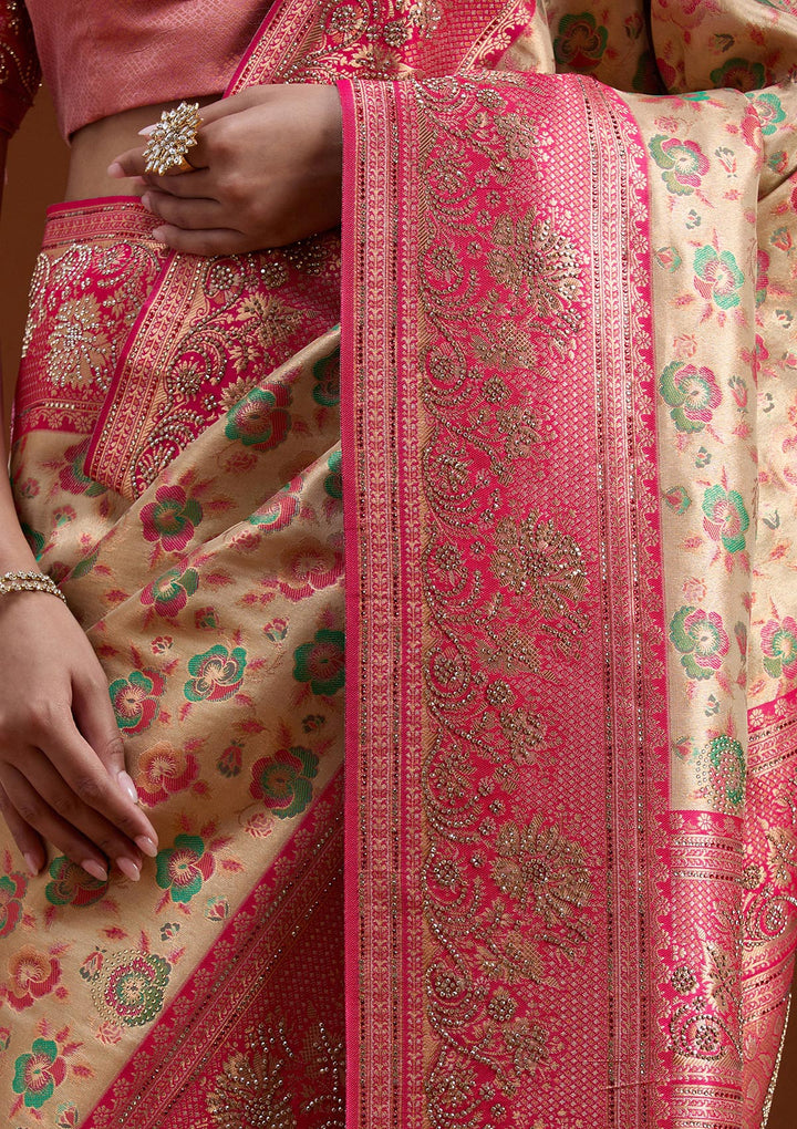 Beige Stonework Silk Silk_Saree