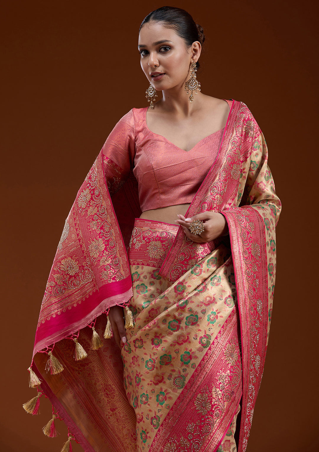 Beige Stonework Silk Silk_Saree