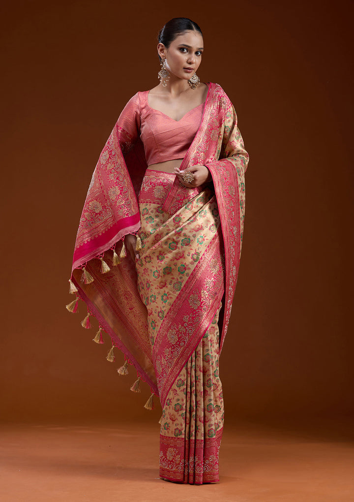 Beige Stonework Silk Silk_Saree
