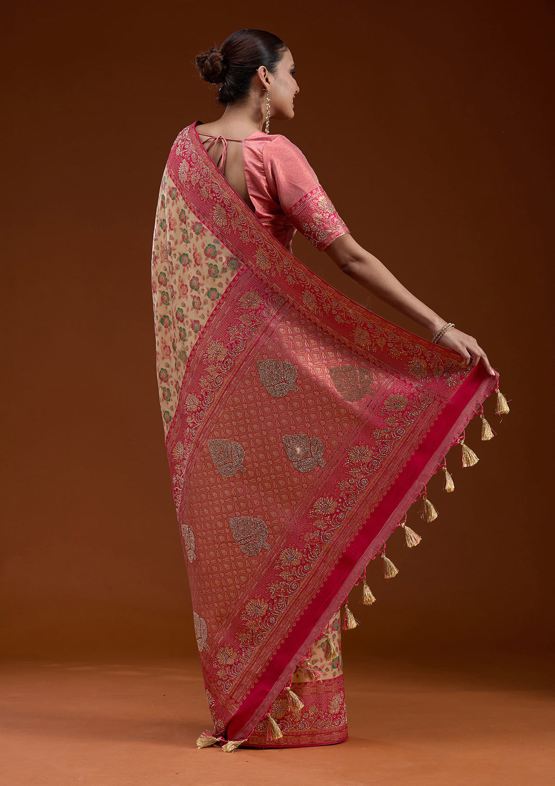 Beige Stonework Silk Silk_Saree
