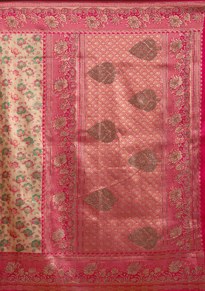 Beige Stonework Silk Silk_Saree