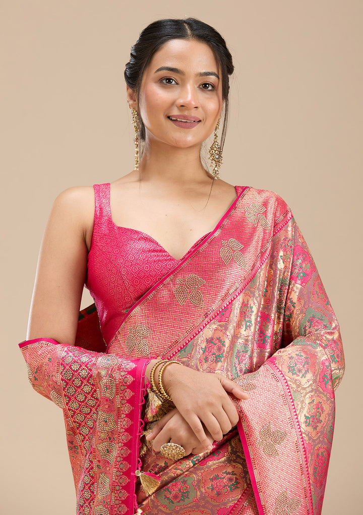 Rani Pink Stonework Silk Saree