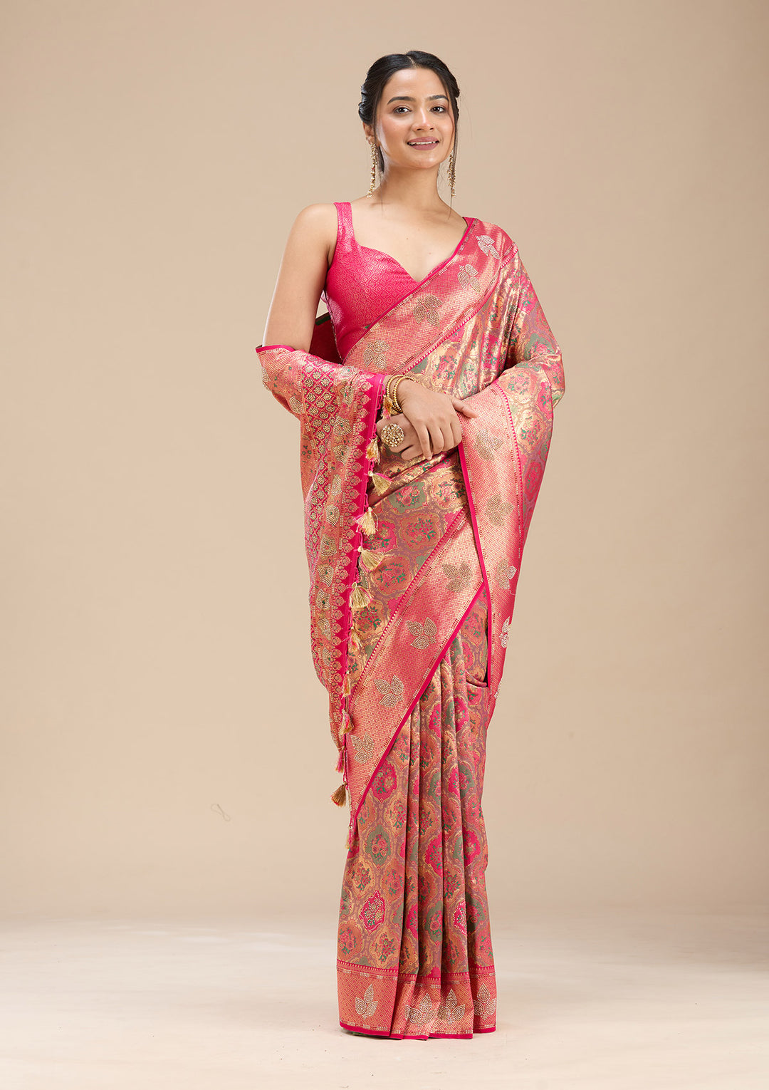 Rani Pink Stonework Silk Saree