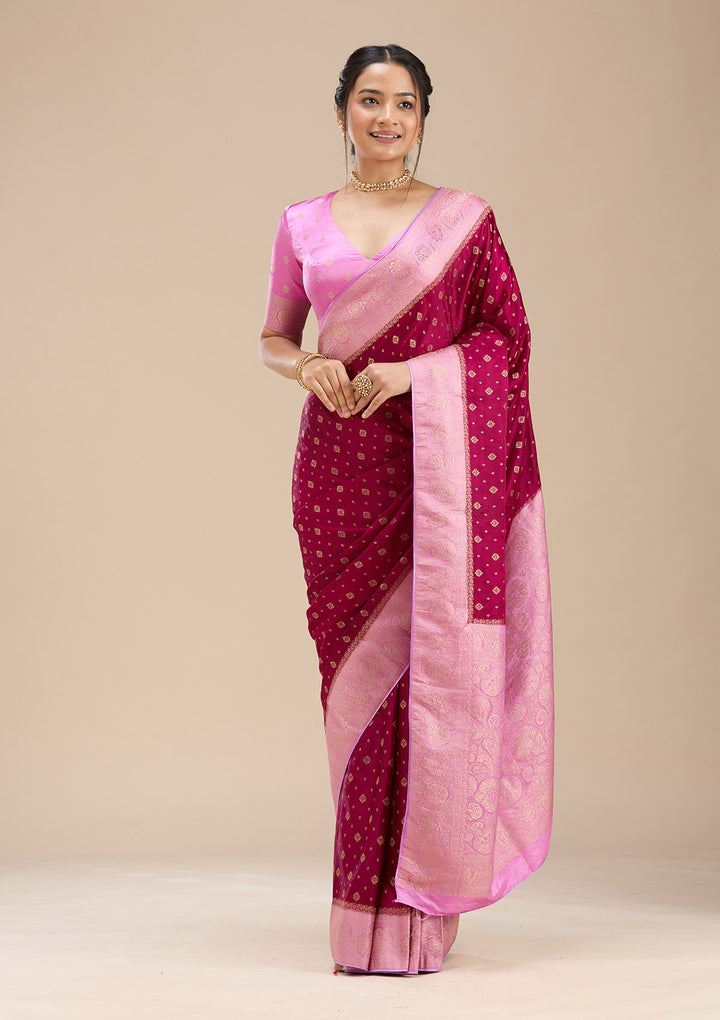 Wine Banarasi Satin Silk Saree