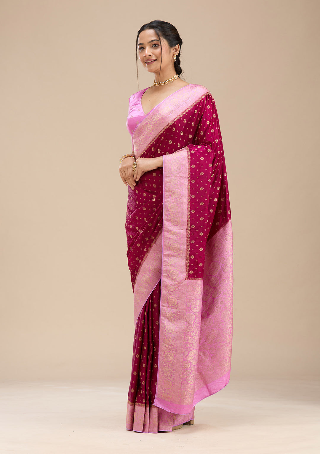 Wine Banarasi Satin Silk Saree