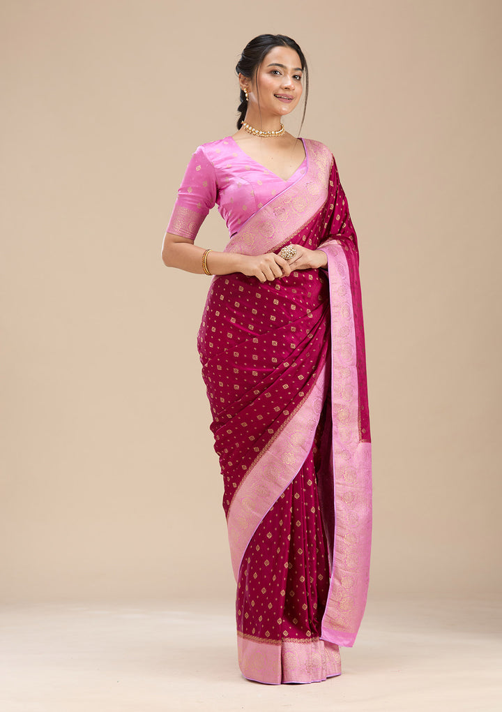 Wine Banarasi Satin Silk Saree