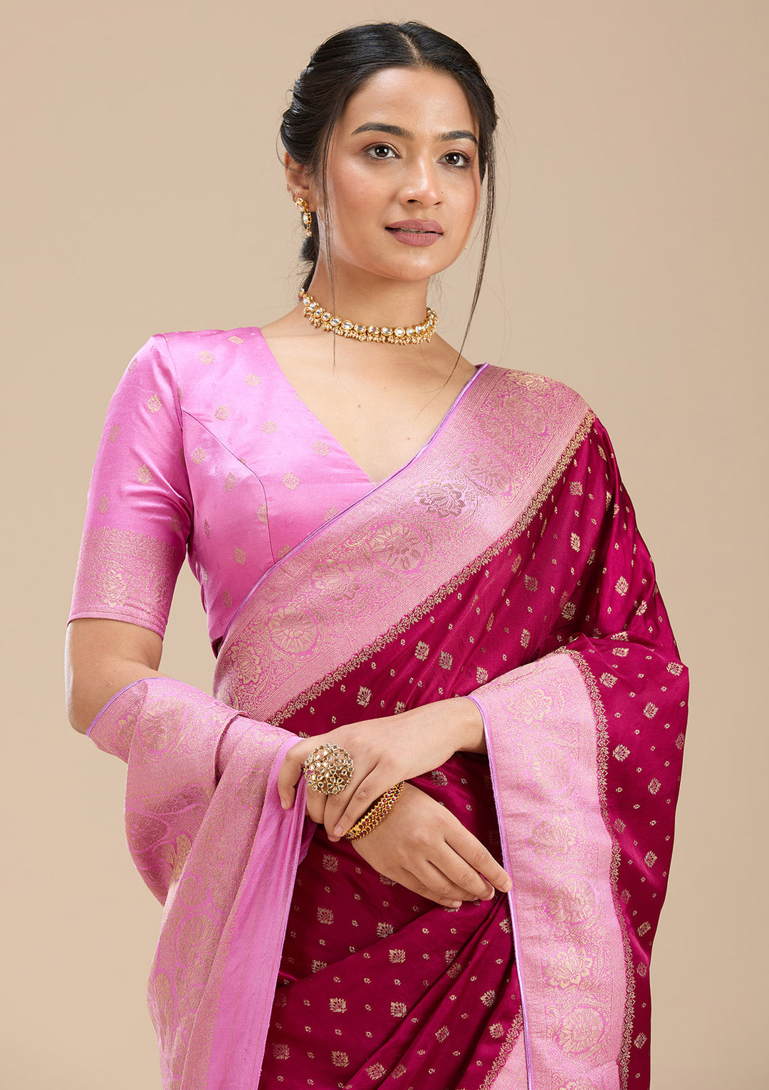 Wine Banarasi Satin Silk Saree