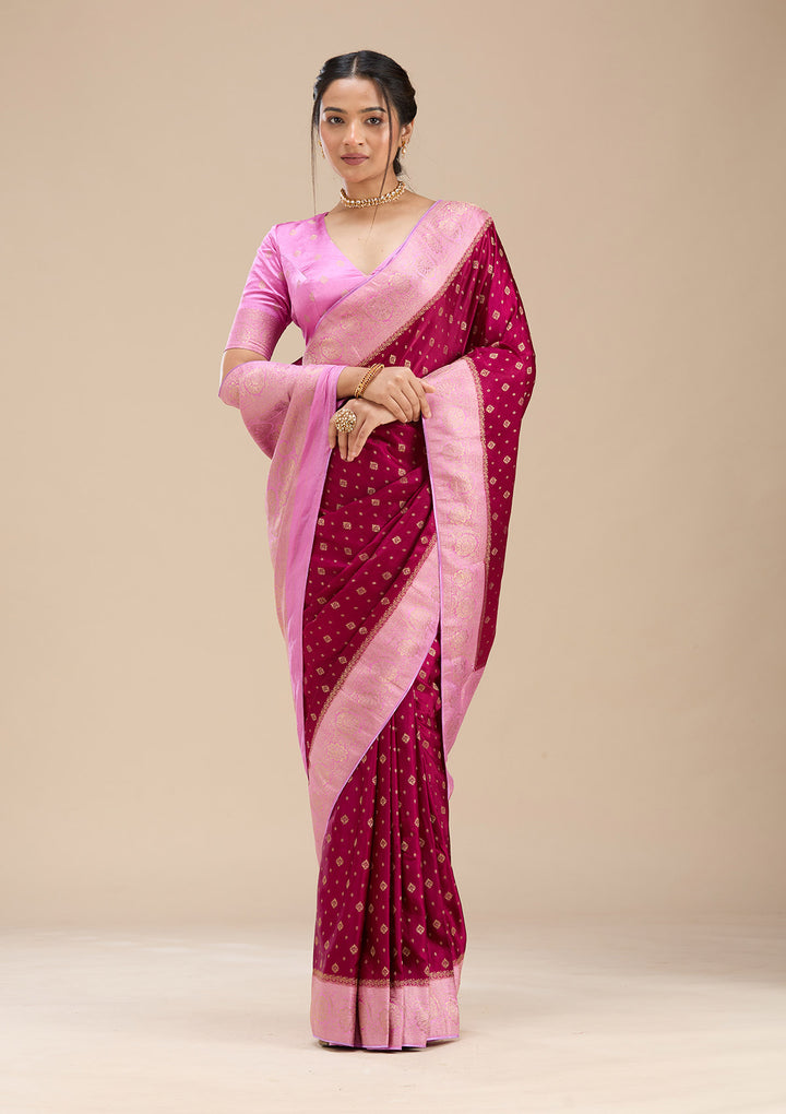 Wine Banarasi Satin Silk Saree
