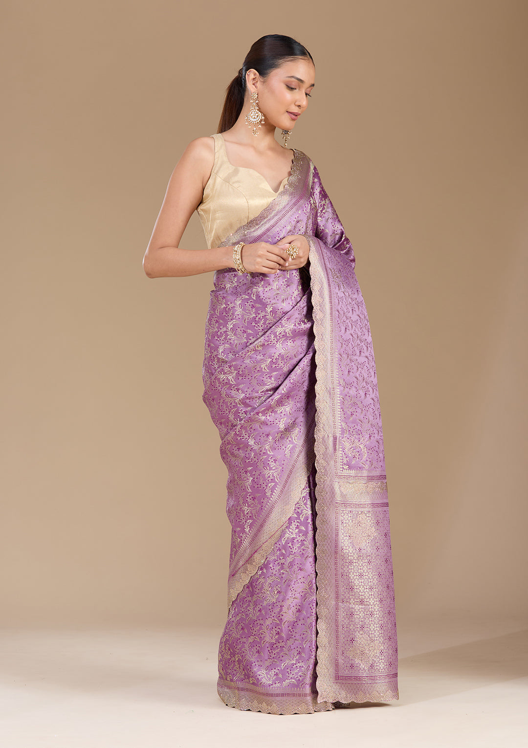 Lavender Stonework (Gold) Silk Saree