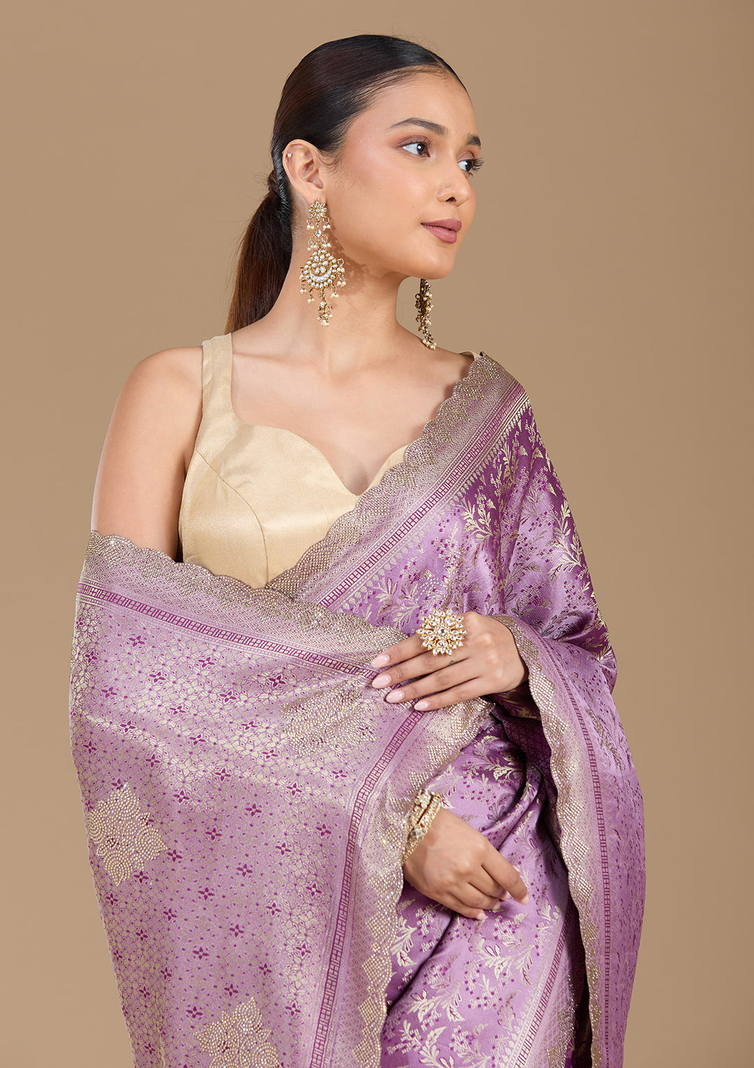 Lavender Stonework (Gold) Silk Saree
