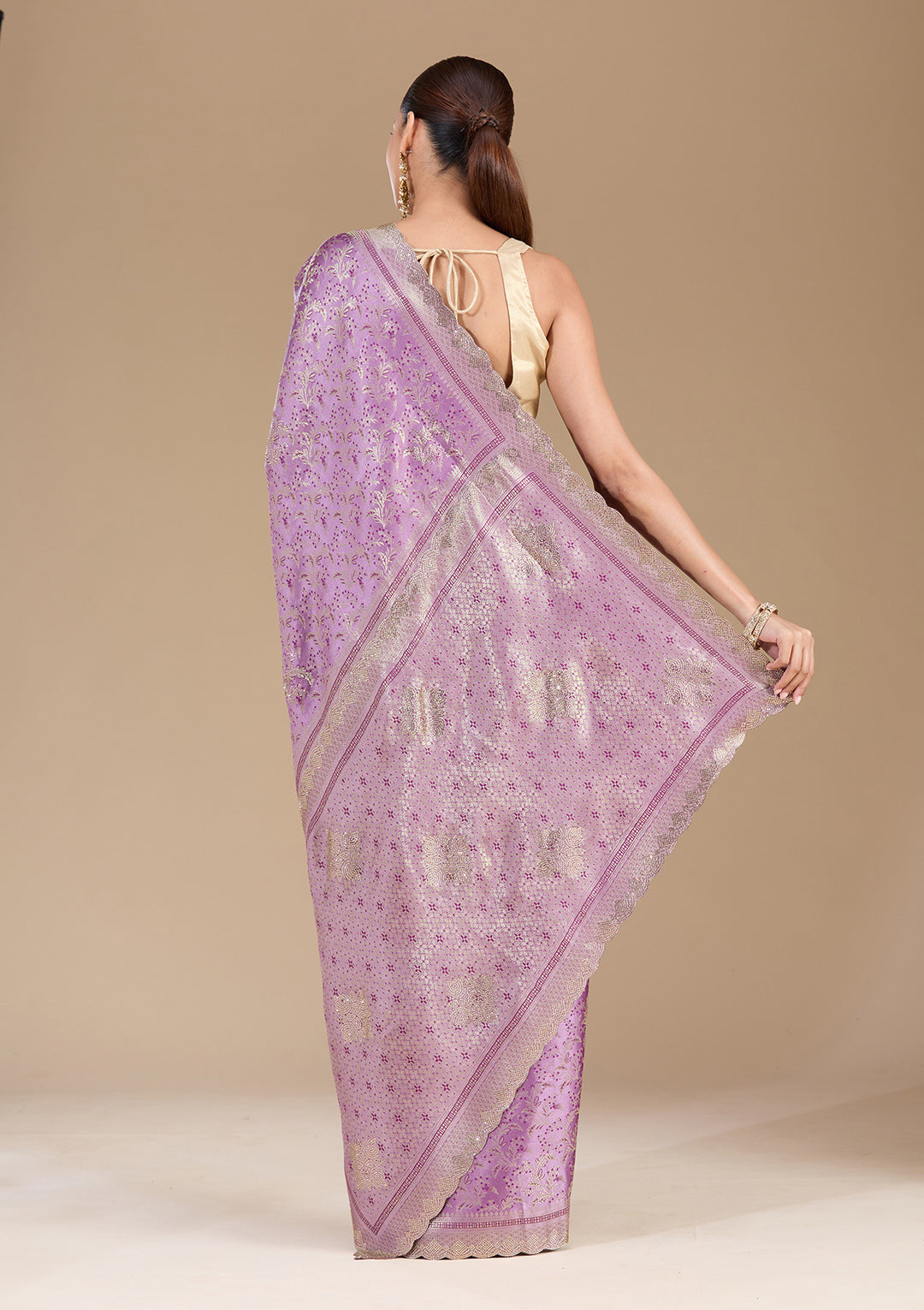 Lavender Stonework (Gold) Silk Saree