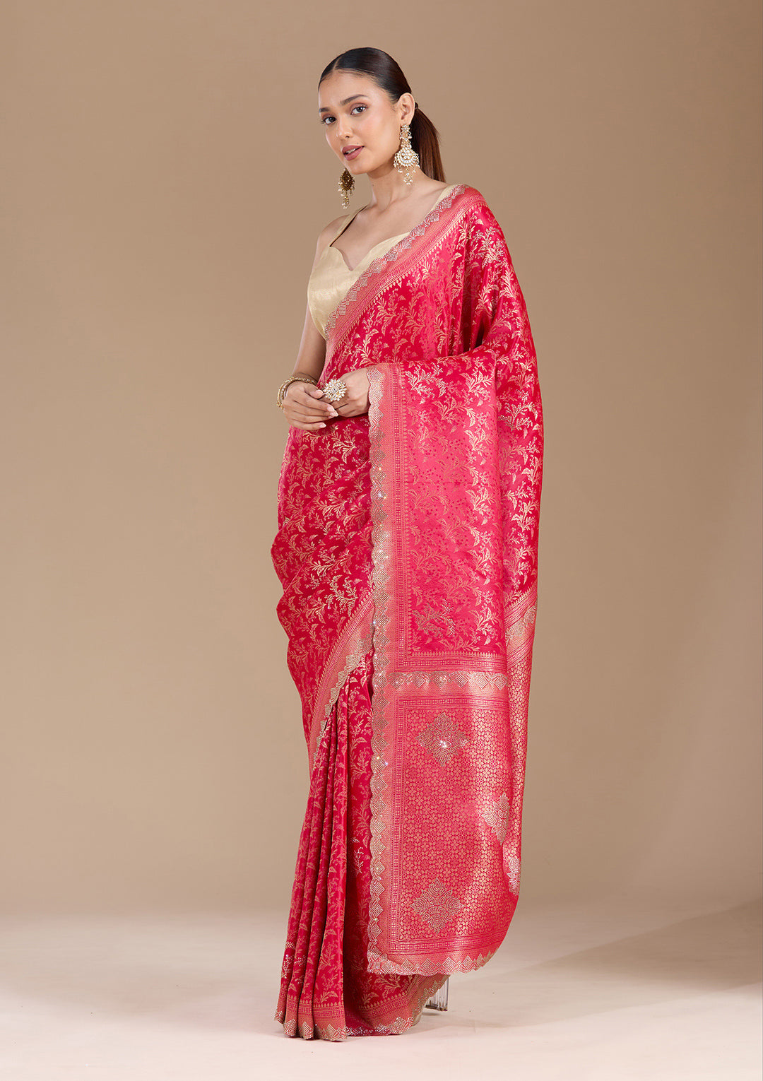 Red Stonework (Gold) Silk Saree