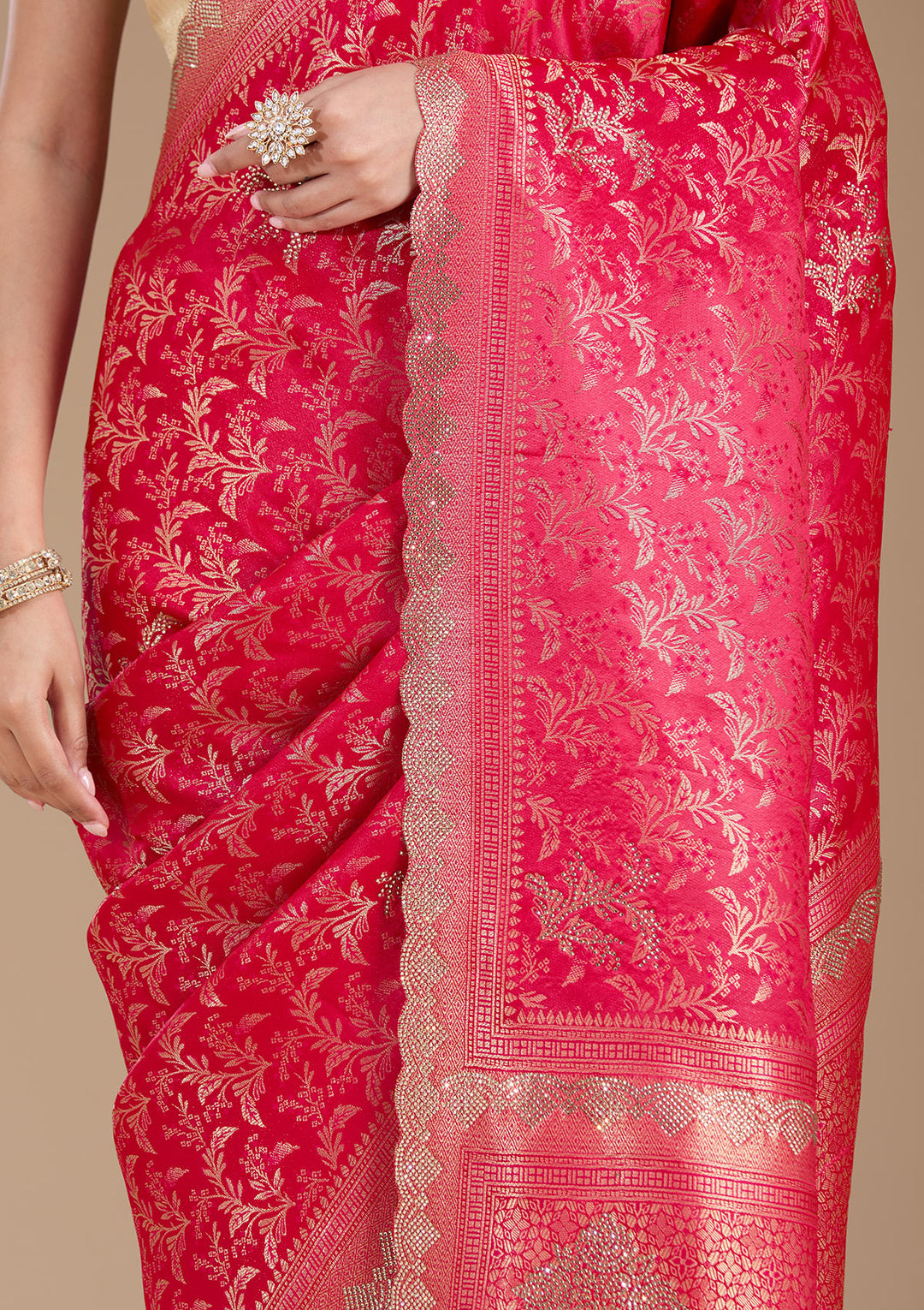 Red Stonework (Gold) Silk Saree