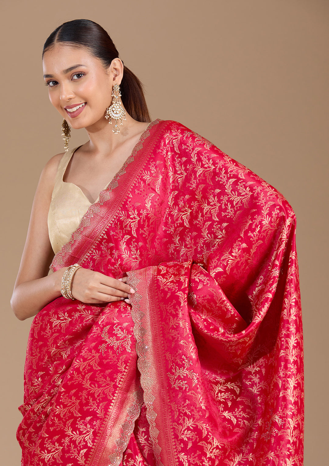 Red Stonework (Gold) Silk Saree