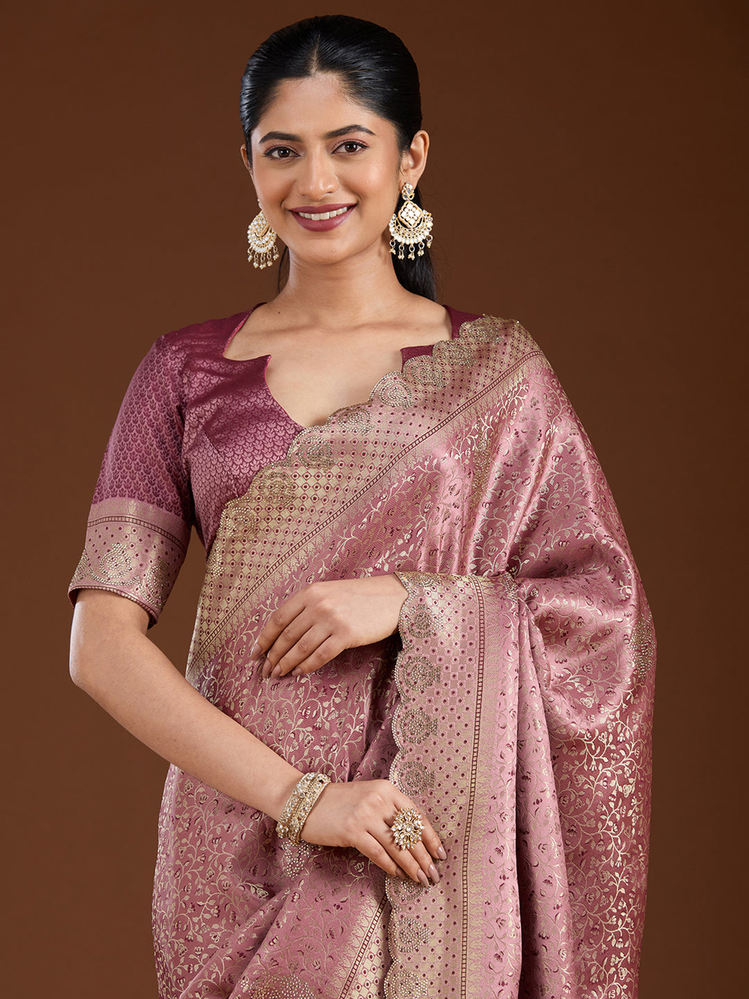 Mauve Stonework (Gold) Silk Saree